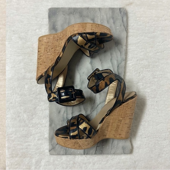 Stuart Weitzman Sz 6 Leopard Print Ankle Strap Wedge Heels Tan Black - Picture 2 of 13